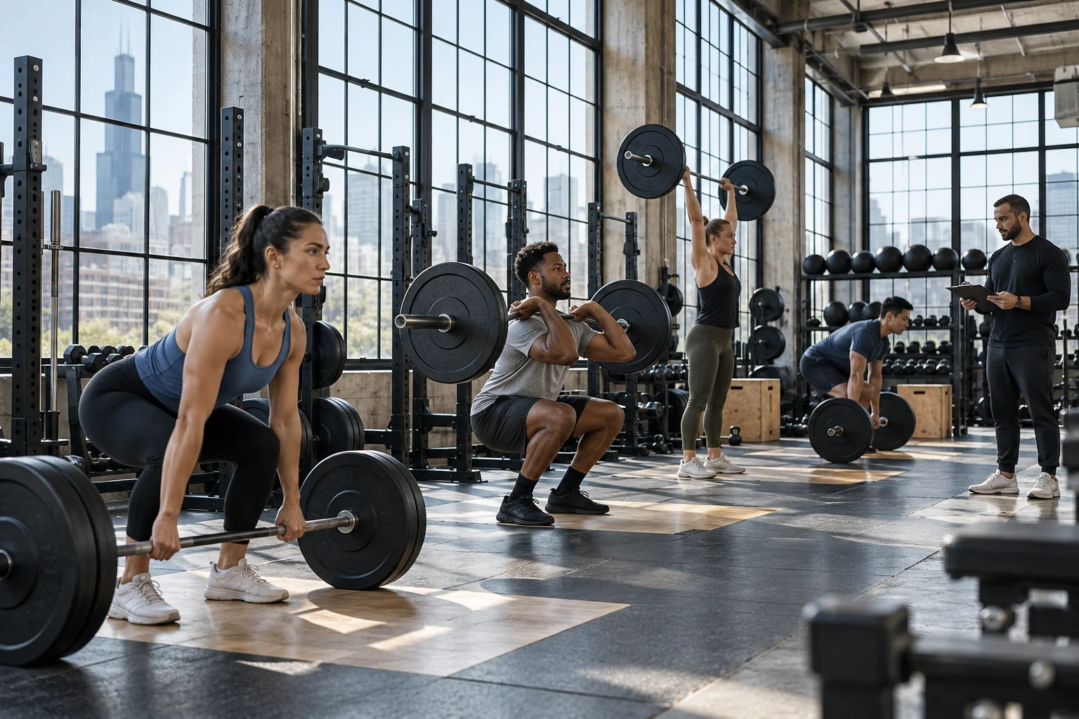 Members moving through a structured strength session while a coach tracks progress