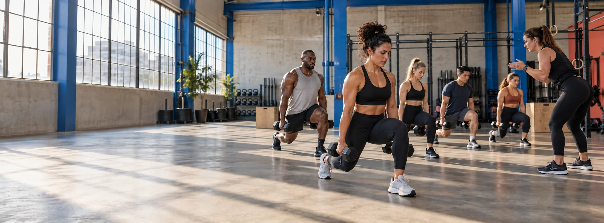 A diverse group training together in a bright urban fitness studio