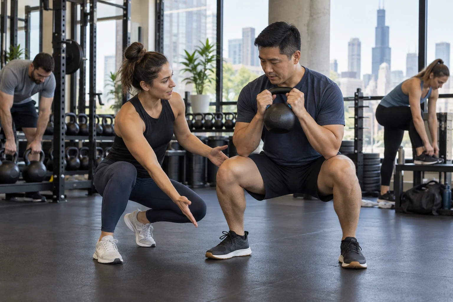 A coach teaching a new member the setup for a goblet squat