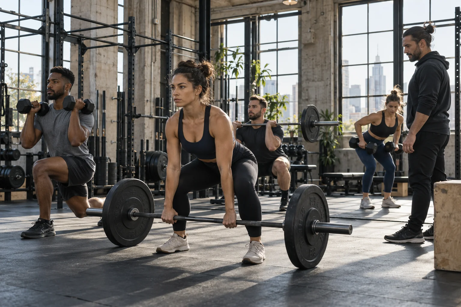 Members practicing controlled full-body strength movements while a coach observes