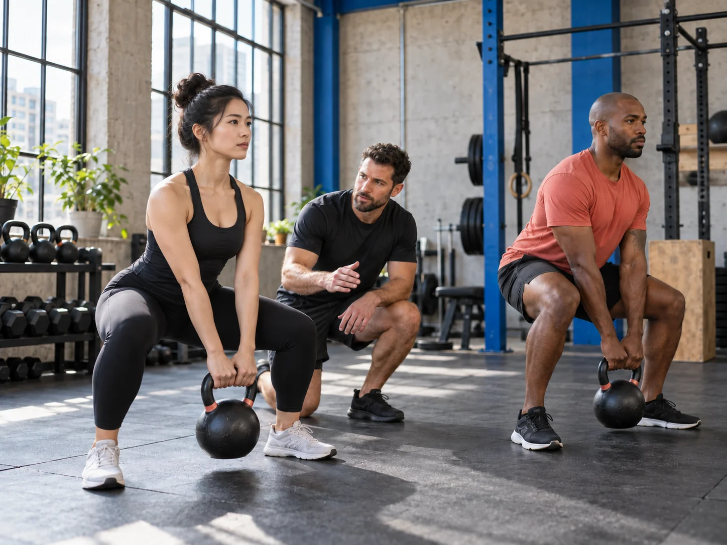 A Tempo coach guiding an Asian member through kettlebell strength work